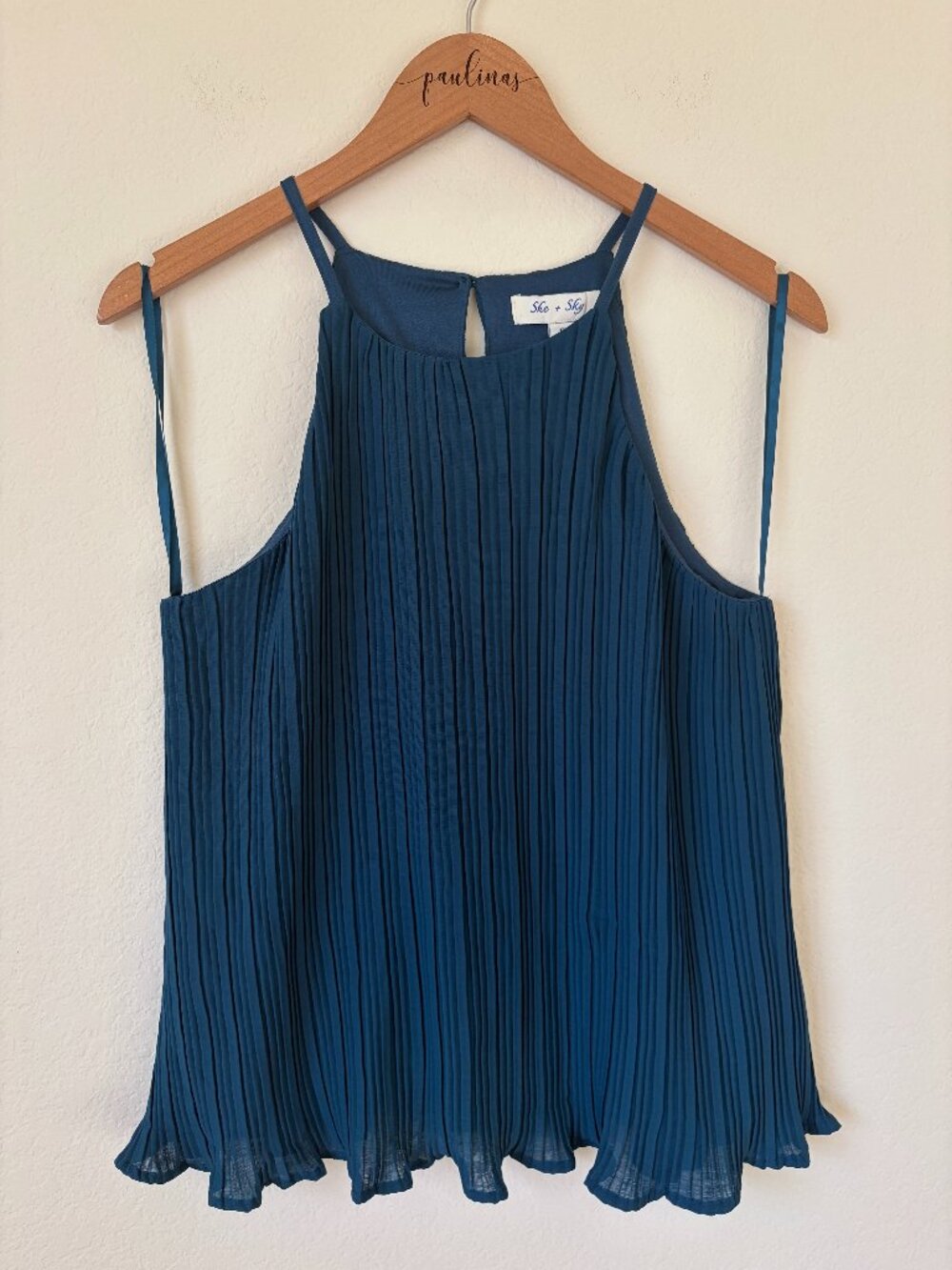 New She Sky Top Womens Small Teal Blue Ribbed Pleated Chiffon Halter Blouse S